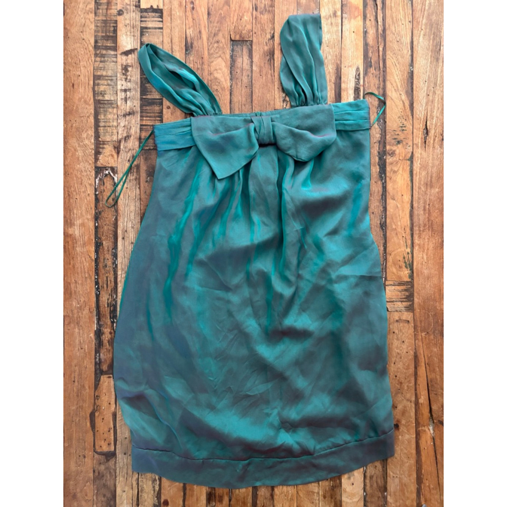 Women's CC couture Teal/green iridescent Silk Bow Mini Dress S